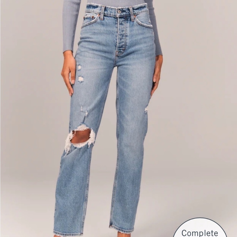 Abercrombie & Fitch Light Blue Distressed High-Rise Straight Jeans